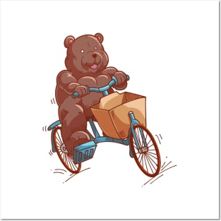 Cartoon teddy riding cargo bike Posters and Art